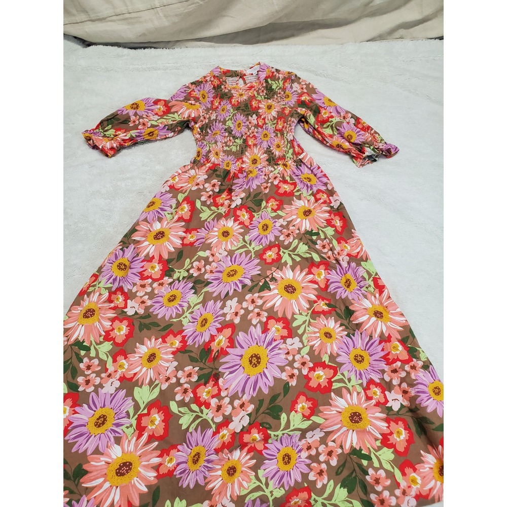 Sweet Salt Brown‎ Floral Smocked 3/4 Sleeve Maxi Dress XXS Boho Prairie Retro